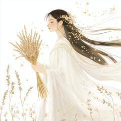 Wall Mural - Serene Virgo character holding a bundle of wheat, wearing a flowing gown with delicate embroidery, adorned with flowers and golden stars, set against a minimalist white background to emphasize eleganc