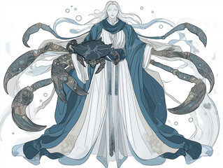 Wall Mural - Traditional Cancer figure holding a stylized crab, dressed in sea-inspired robes with celestial symbols, in soft blues and silvers, set against a white backdrop for a timeless appearance.