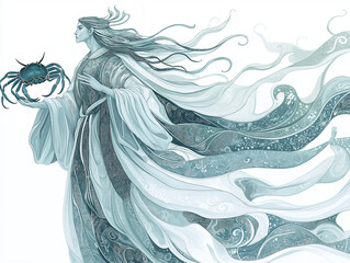 Wall Mural - Traditional Cancer figure holding a stylized crab, dressed in sea-inspired robes with celestial symbols, in soft blues and silvers, set against a white backdrop for a timeless appearance.