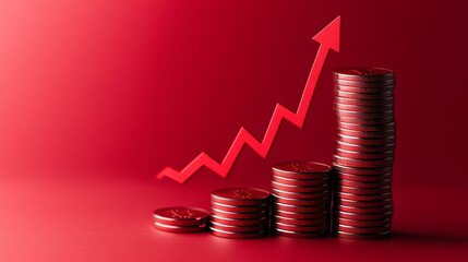 Poster - Increasing stacks of coins with a red upward arrow symbolizing growth, profit, and investment on a red background create a powerful visual representation of financial success
