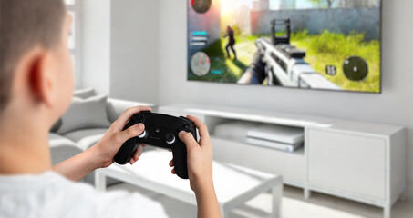 Aufkleber - Boy playing a console game on a TV in the living room, featuring a first-person shooter, highlighting the concept of immersive console gaming experiences