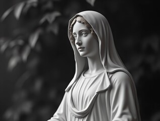 Elegant white statue of a serene woman in a peaceful garden setting captured in soft natural light during the day, Virgin Maria