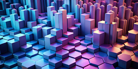 Poster - Multiple hexagonal and cubic shapes create a complex, colorful landscape with a blend of blues and purples, showcasing intricate depth and illumination at dusk