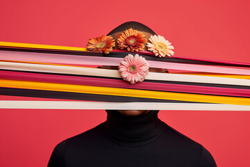 Wall Mural - Abstract portrait with flowers and colorful ribbons covering face. Surreal artistic composition on red background