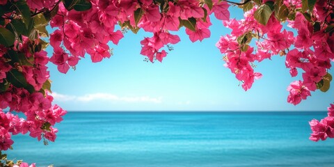 pink bougainvillea flowers with an ocean horizon in the background natural light vibrant colors trop