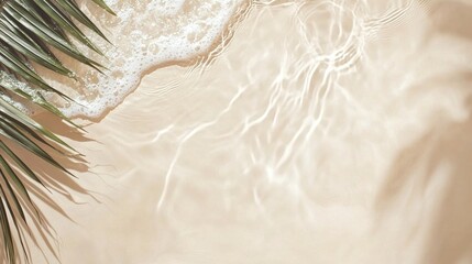 Poster - Tropical background featuring palm tree leaves casting a shadow on the surface of calm water with gentle ripples and foam, creating a serene and relaxing summer vibe