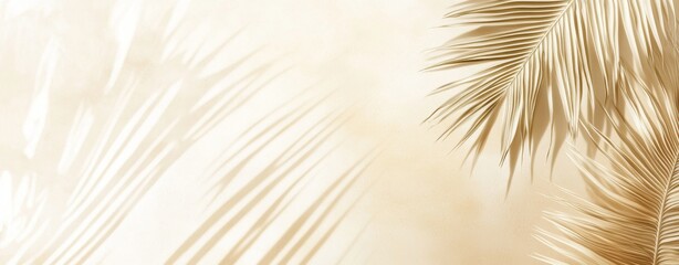 Poster - Golden palm leaves are casting elegant shadows on a wall, creating an artistic and tropical ambiance with warm, inviting tones