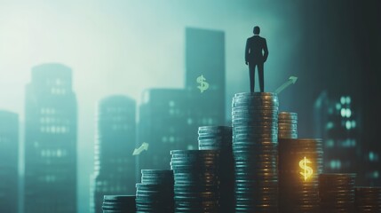 Poster - Businessman is standing on a stack of coins symbolizing increasing financial growth, investment success and wealth, with dollar signs and upward arrows superimposed over a cityscape background