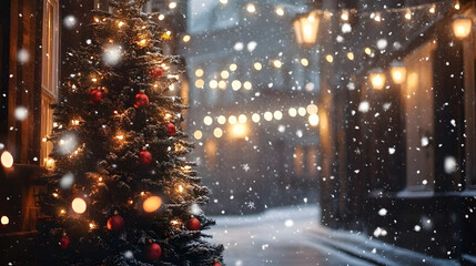 Wall Mural - A decorated Christmas tree stands outside a building on a snowy street, illuminated by string lights, with a blurry background of snow falling, creating a magical winter scene.