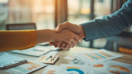 Poster - Two partners shaking hands in office after signing contract, celebrating new partnership with teamwork and professionalism