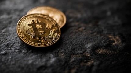 Poster - Two golden bitcoin cryptocurrency coins are laying on a dark textured stone surface, representing investment, digital finance, and the decentralized economy
