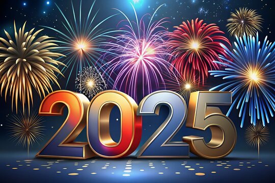 Happy New Year 2025 text design with firework