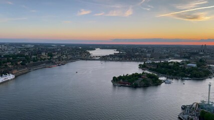 Canvas Print - Aerial footage of the Kastellbacken and Amiralitetsbacken islands at sunset in Stockholm, Sweden