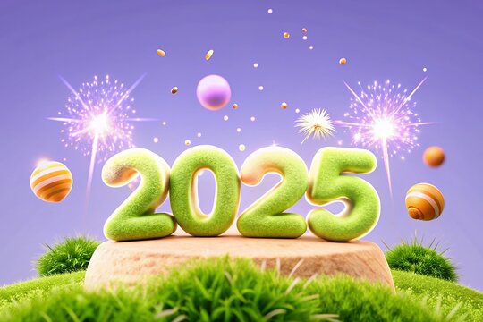 Happy new year 2025 text and icons by firework style.