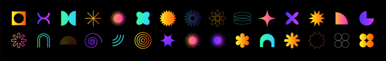 Brutalism themed set of figures with geometric shapes and simple symbols like stars and spirals ideal for modern decor in colorful style.