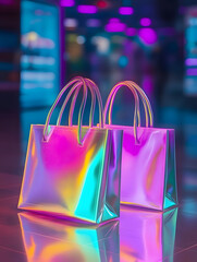 Poster - neon shopping bags: a futuristic retail experience - two iridescent shopping bags with neon colors, 