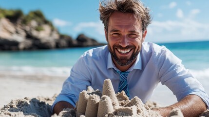 Wall Mural - A cheerful man in a business shirt and tie enjoys a sunny day at the beach, building an intricate sandcastle with the sea and horizon in the background.