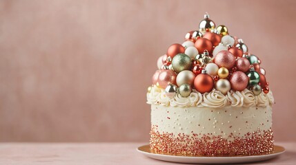 Wall Mural - A Christmas ornament-themed cake with shiny edible spheres and glittery frosting, isolated on a neutral background