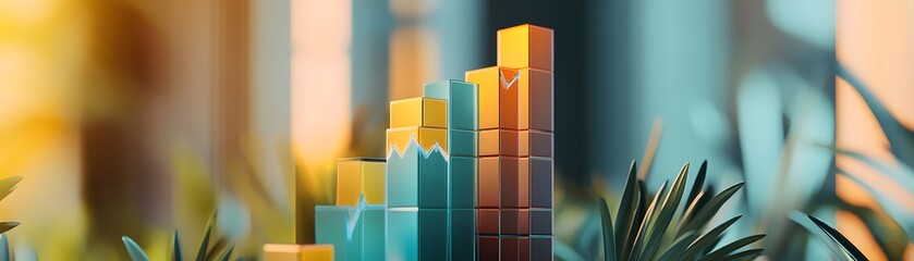Poster - Abstract financial graph showing growth with colorful bars and plants in the foreground, symbolizing progress.