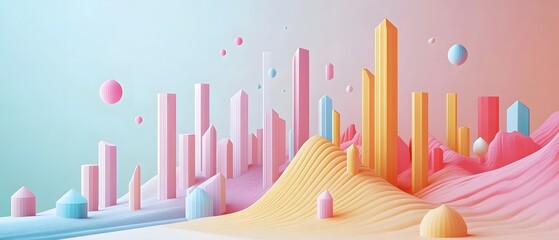 Poster - Colorful abstract landscape with geometric shapes, featuring pastel hues and smooth curves, creating a modern aesthetic.