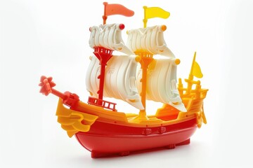 Wall Mural - Colorful plastic ship toy on white background.