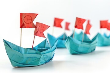 Wall Mural - Light blue paper boats with red flags on white background  collage