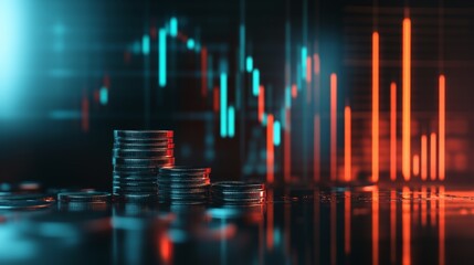 Poster - Stacks of coins are placed on a reflective surface, with a blurred stock market chart displayed on a screen in the background, representing investment, finance, and economic growth