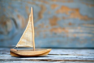 Wall Mural - Toy sailboat on a wooden background with copy space