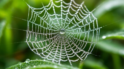 Macro shot of a spiderweb glistening with dew, high resolution, intricate pattern, natural texture.