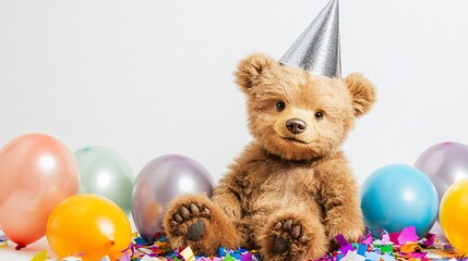 Wall Mural - A cuddly baby bear wearing a silver New Year’s party hat, sitting next to a pile of confetti and balloons, isolated on a white background