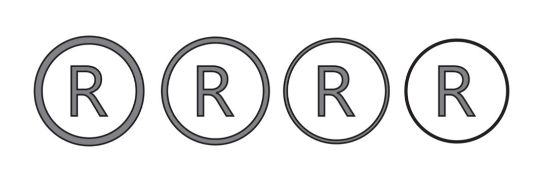 Registered trademark icons. Intellectual property sign. Vector illustration isolated on white background. Set of bold and thin registered trademark icon.