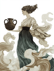 Wall Mural - Vintage Aquarius figure with antique water jug, dressed in flowing robes, water forming spirals and clouds, in muted tones and fine detailing, set against a simple white background for a timeless feel