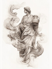 Wall Mural - Vintage Aquarius figure with antique water jug, dressed in flowing robes, water forming spirals and clouds, in muted tones and fine detailing, set against a simple white background for a timeless feel