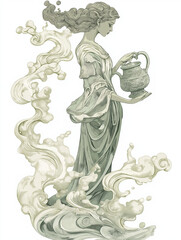 Wall Mural - Vintage Aquarius figure with antique water jug, dressed in flowing robes, water forming spirals and clouds, in muted tones and fine detailing, set against a simple white background for a timeless feel