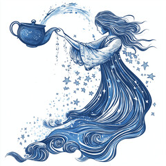 Wall Mural - Elegant Aquarius character pouring water from a celestial urn, transforming into stars and waves, with flowing attire, set against a minimalist white background to highlight creativity.