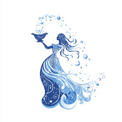Wall Mural - Elegant Aquarius character pouring water from a celestial urn, transforming into stars and waves, with flowing attire, set against a minimalist white background to highlight creativity.