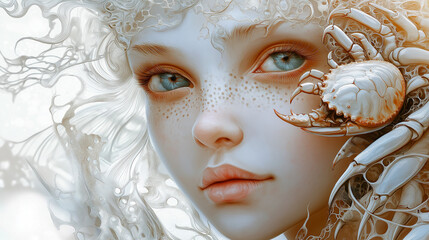 Wall Mural - Detailed Cancer portrait with serene eyes, oceanic textures in attire, and a delicate crab motif on the shoulder, set against a white background highlighting their calm, nurturing energy.