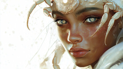 Wall Mural - Detailed Cancer portrait with serene eyes, oceanic textures in attire, and a delicate crab motif on the shoulder, set against a white background highlighting their calm, nurturing energy.