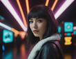 © Nicola - Ritratto di una donna con capelli corti e sfondo di luci al neon.
