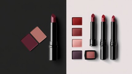 Elegant lipstick and eyeshadow palette in rich burgundy and rose hues.  A sophisticated beauty flatlay against a monochrome background.