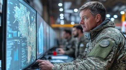 Poster - Veteran engages in project collaboration at tech facility, utilizing advanced data analysis tools