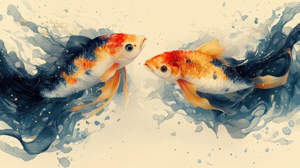 watercolor drawing of two colorful goldfish