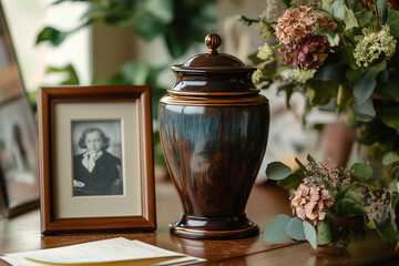 A cremation urn alongside meaningful keepsake items, such as a framed photograph, a folded letter, and a flower.