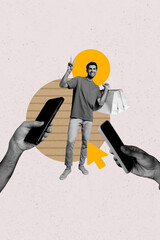 Poster - Vertical photo collage of happy man carry bags black friday online shopping order hands hold phone peace isolated on painted background