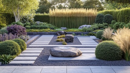 A minimalist zen manicured garden with stone pathways