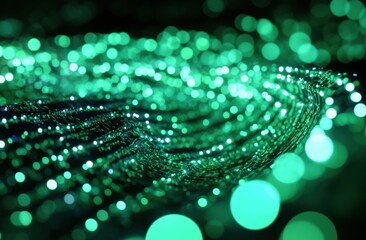 Poster - An abstract background of green, glowing bokeh lights and glittering threads, with a dark, black and emerald color scheme