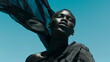 © retrostudio - cinematic production still of a black editorial model posing with experimental fashion