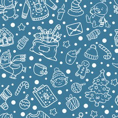 Wall Mural - Merry Christmas  and Happy New Year seamless pattern with snowmen and winter elements for textile or wrapping paper. Vector illustration