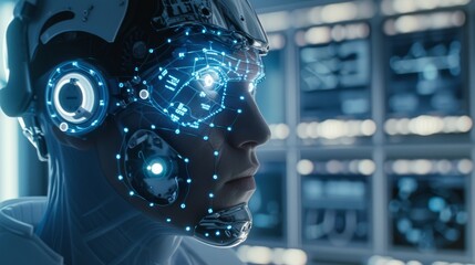 Aufkleber - A close-up view of a futuristic cyborg featuring intricate digital neural pathways and glowing elements integrated into a human-like face. AI generated.