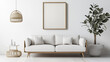 © Another Galaxy - Minimalist living room with modern white sofa, wooden decor, potted green plant, and a blank frame on the wall